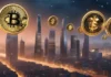 GENIUS Act stablecoin — futuristic cityscape with digital currency symbols